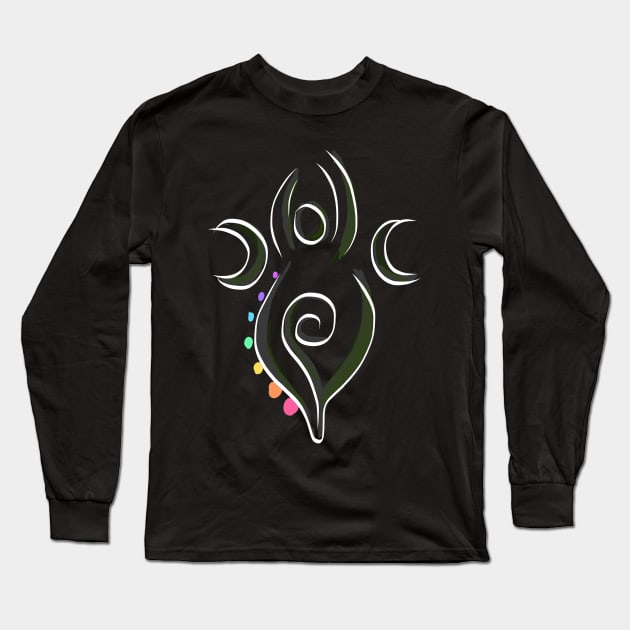 Spiral Goddess T-Shirt Three Symbol Wiccan Pagan and Chakras - green accents Long Sleeve T-Shirt by BeesEz